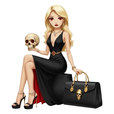 Lilith symbol red eye seductress  length blonde haired powerful woman with Gucci, and Hermes bags next to her. Wearing long dress with slit, sitting on of gold and diamonds. Black Platform high heels on feet. seat stacked with designer bags,  dead human skull of her enemies in her other hand sticker