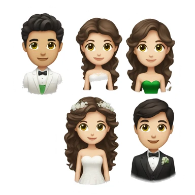 Wedding emoji, girl with Asian type of eye shape and green eyes and brown long hair and guy light dark skin with short curly hair and brown eyes sticker