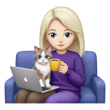 a cute blue eyed brown and white ragdoll cat with white paws and brown and beige tail wearing the dark violet sweater with yellow letteting "Milena" sitting on the grey sofa with grey laptop and drinking coffee sticker