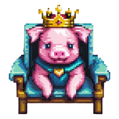cartoon-like pixel art pig with a golden crown sitting on a throne, blocky and square like Minecraft, playful and expressive sticker