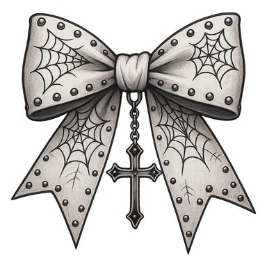 Edit the image to depict a white gothic bow oversized with silver studs and additional gothic elements such as spiderweb patterns and a dangling cross. The style should be general to allow flexible editing. Remove the background. sticker