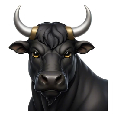 Cinematic Noble Black Bull Portrait Emoji, Poised and regal, with a massive, muscular build and a sleek, well-groomed pure black hide, deep-set soulful dark eyes, Simplified yet sharp and sophisticated features, highly detailed, glowing with a soft, dignified glow, high shine, intelligent and formidable, stylized with an air of strength, focused and attentive, soft glowing outline, capturing the essence of a watchful and confident guardian, so majestic it feels as though it could charge out of the screen with effortless authority! sticker