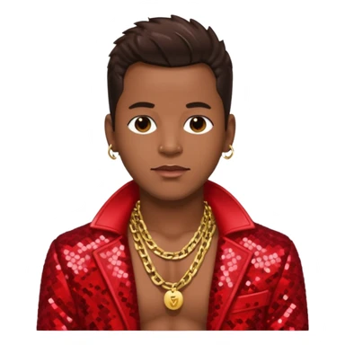 Bobby Brown with dark brown hair, red sequin jacket, shirtless with necklace sticker