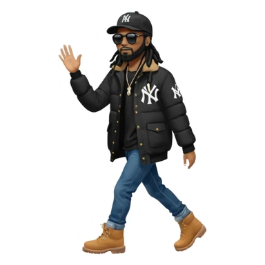 African American man with shoulder length black dreadlocks with black beard wearing black sunglasses wearing a black New York Yankees logo baseball cap wearing a black bubble winter coat with denim skinny jeans and timberland boots walking with hand up sticker