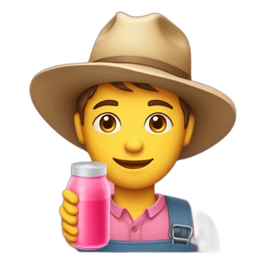farmer with hat and pink juice bottle sticker