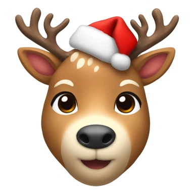 Create a cute deer emoji with soft brown fur, big kind eyes and horns. A red Christmas hat or a wreath of fir branches can be on the head to create a festive image sticker