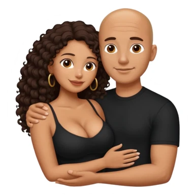 A picture of an embracing tanned couple. the man is a Mexican man with tanned skin, with a bald hair cut, and wearing a black shirt. the woman is mixed, glasses,  with long curly dark brown hair and with big boobs. Remove the glasses from the man sticker