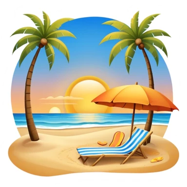 Icon for Beach Tourism: with the blue ocean, orange sunset, yellow sand beach and palm trees in the background, a sun umbrella, flip-flops, and a beach towel on the sand. The icon should represent relaxation and fun at the beach. Transparent background sticker