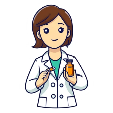 Brunette female Pharmacist holding an amber pill bottle sticker