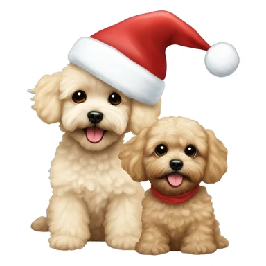 one dark maltipoo and one blonde maltipoo wearing santa hat sticker