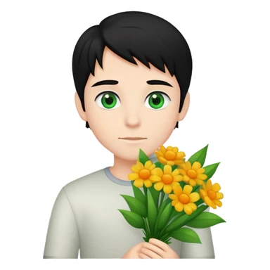 Boy with fair skin and black hair and green eyes with bouquet of flowers  sticker