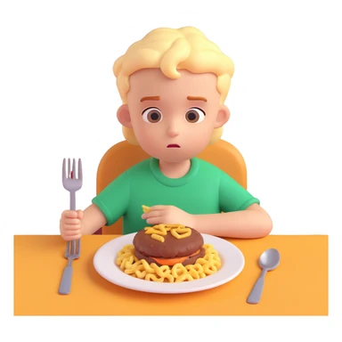 A stylized 3D character of a 6-year-old child sits at a table, looking bored at a plate of macaroni and a meat patty, absentmindedly poking the macaroni with a fork. sticker