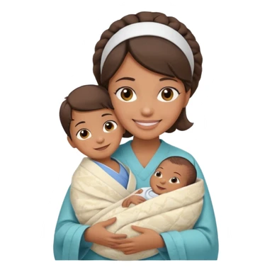 Female nurse smiling with a small hair roll on top of head with medium brown skin and brown eyes holding one new born  sticker