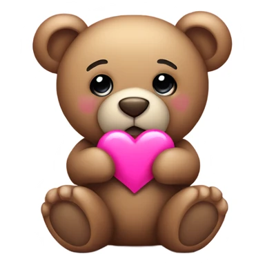 Teddy bear with sad eyes holding a pink heart sticker