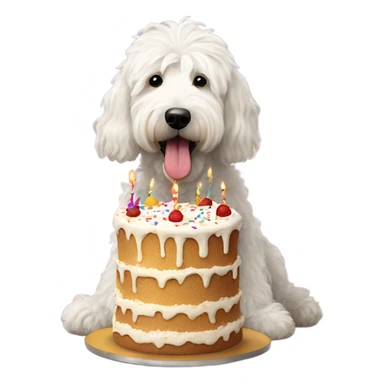Shaggy large White Goldendoodle eating birthday cake  sticker