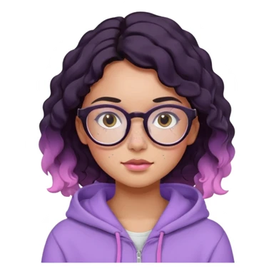 emoji of a woman, slighty tanned skin, cute freckles, pink cheeks, wavy black hair, big frame glasses and cute eyes, wearing a lilac hoodie  sticker
