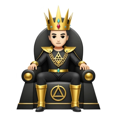 wide big iron black Illuminati throne with gold details and Illuminati symbol sticker