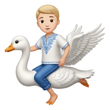 A boy in a Ukrainian white embroidered shirt flies on a white goose sticker