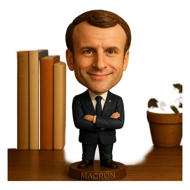 bobblehead style figure of Emmanuel Macron, French president, suit and tie, oversized head, confident smile sticker