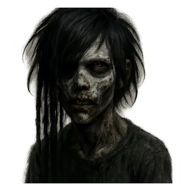 boy zombie with black medium-long emo hair with dreads, dark and spooky, creepy face sticker