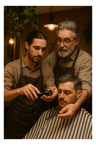 Inside a cozy barbershop with soft lighting, an experienced barber gently teaches his apprentice, guiding his hands as they cut hair together. The room is filled with warmth, plants hanging from the ceiling, and the hum of clippers sticker