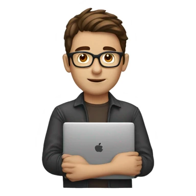 male nerd with brown hair waiting in front of laptop sticker
