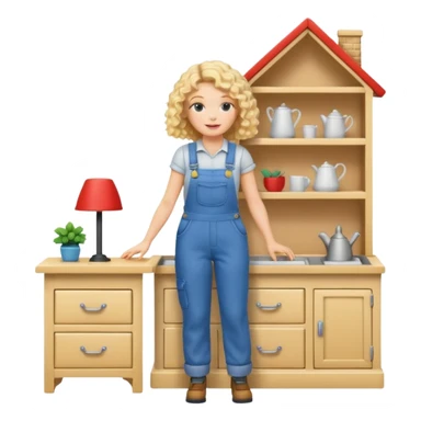 blonde curly woman arranging furniture in doll house with overalls sticker