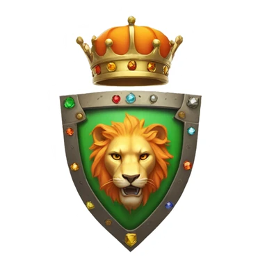 Flag: white left, orange right. Center: shield in the flag with golden crown, colorful gems. Creature in the shield: lion upper, brown; dragon lower, green scales. sticker