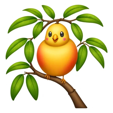 a house on a mango tree branch with a small bird inside, green leaves, emoji style sticker