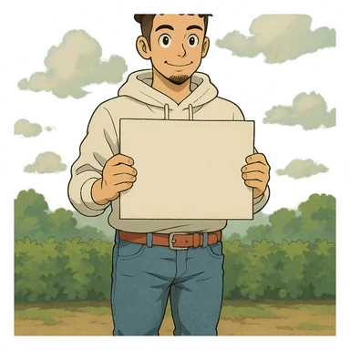1 male, mid fade haircut dark chestnut brown curly hair, toasted lightskin, white hoodie sleeves up, fashion jeans, red fashion-sneakers shoes, red belt, short trimmed beard and goatee,  style of deku from "my hero academia", pose: holding a blank poster chest level sticker