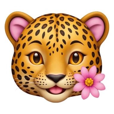 A leopard with smile and mouth closed, A pink flower with a yellow center is tucked behind its right ear
 sticker