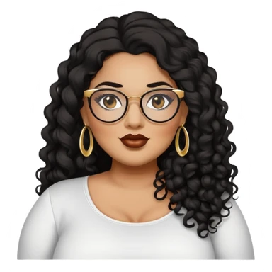 big plus size, darker tan skin, long black curly hair, baddie,pretty, makeup, lipliner, black eyeliner, long hair, gold earrings, white top, glasses sticker