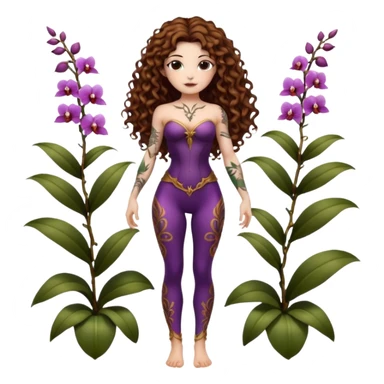 full body woman long curly brown hair brown eyes white skin tattoos muscular build orchid fairy bodice and vine leggings sticker