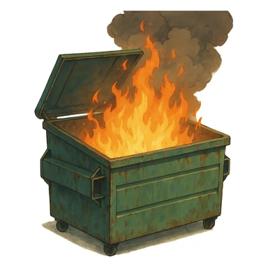 a dumpster, no lid, the lid is open, on fire sticker