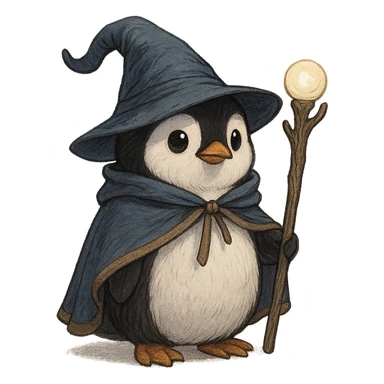 a penguin dressed as a wizard, with a pointy hat and a magic staff, cute, detailed character illustration sticker