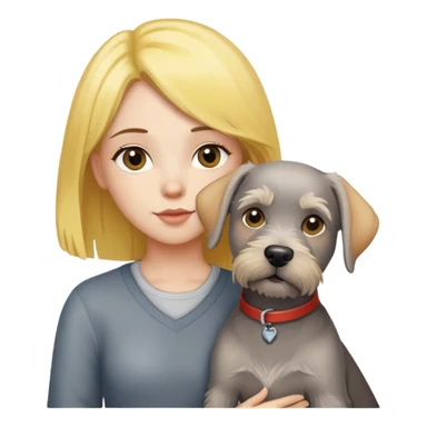 A girl with yellow hair holding a schnauzer and a labrador sticker