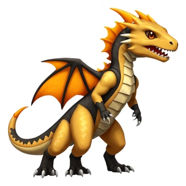 Magmatic fiery badass cool obsidian-Black and golden-orange Helioptile-Marowak-Charmeleon-Fakémon-hybrid-creature (full body)  sticker