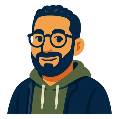 Make the icon look like the person in the reference photo: round glasses, short curly dark hair, full dark beard, olive hoodie, friendly expression in vibrant toon style. Keep transparent background. sticker
