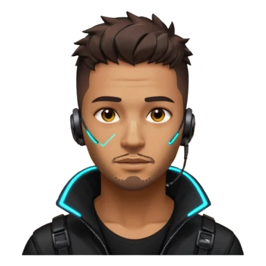 Cyberpunk street adult, hispanic, male, messy undercut, glowing earpiece, light stubble, brown eyes, neon reflections, headshot sticker