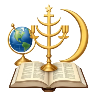 An icon featuring a Holy Bible, The Quran, Tara and the menorah, The Orthodox cross, a crescent moon, symbolizing the study of religions. The design includes diverse religious symbols and a globe, representing global beliefs and spiritual practices. Transparent background. sticker