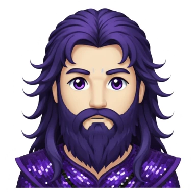 Boreas, God of North Wind from Gods and Goddesses with long black shaggy hair and beard, dark purple sequin outfit sticker