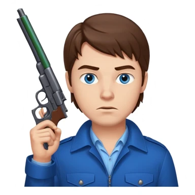 guy w medium long brown hair and blue eyes with gun pointed up at his chin sticker