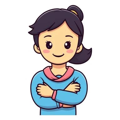 Girl laughing with crossed arms holding neck sticker