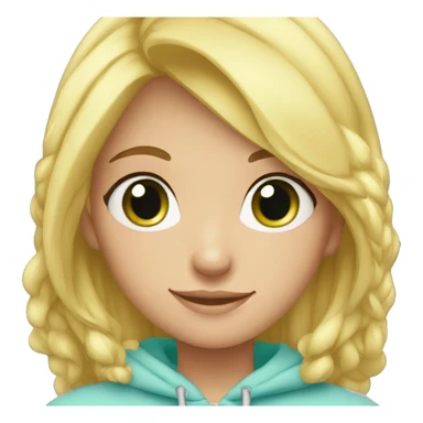 Girl Blonde hair at shoulders, green eyes, sonrisa, light blue hoddie sticker