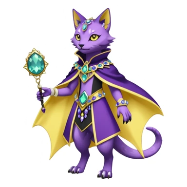 Kawaii cute Violet Yellow Black beautiful pretty elegant divine edgy feline-vernid-sergal-Fakémon-Pokémon-Digimon-fursona-animal-creature, full body, with intricate detailed markings, Embroidered capelet, Gem-studded horn ring sticker