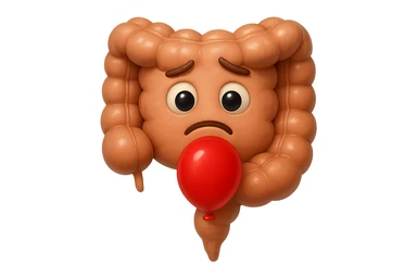 EMOJI STILE IPHONE DI un intestino triste con palloncino rosso sulla pancia, IPERREALISTICO 4K sticker