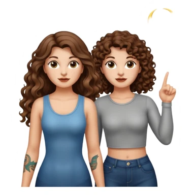 moon symbol discovery — long wavy brown hair tattooed woman and short tight curly brown hair woman — pointing up sticker
