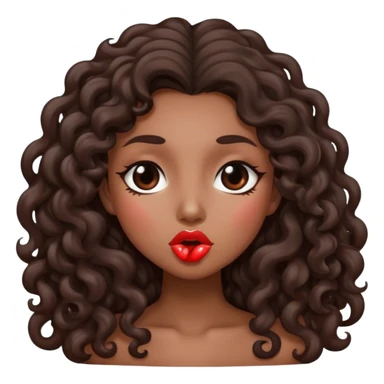 Brown woman with dark brown long curly hair with a kiss face sticker
