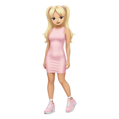 Emma Bunton with long blonde ponytails wearing light pink bodycon dress with white platform sneakers sticker
