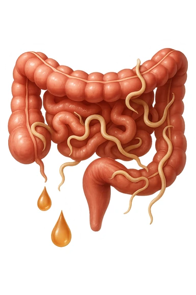 Realistic medical image of microscopic parasites leaving the intestines after taking natural kinesiological drops, symbolizing detox and cleansing. sticker